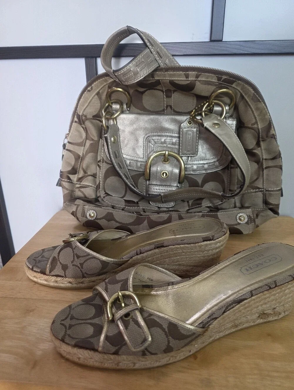 Classic Coach Signature Canvas Mini Satchel & Wedge Sandals Size 11 - Khaki/Tan